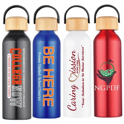 24 Oz. Aluminum Sports Water Bottle w/ Bamboo Lid & Strap